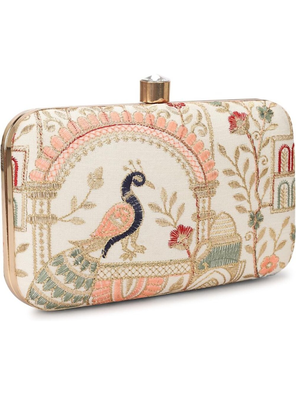Women's Cream Golden Handcrafted Designer Box Clutch Embroidery Evening Bag